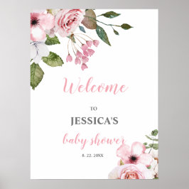 Välkomstskylt för  Rosa Blommigt Baby Shower Poster
