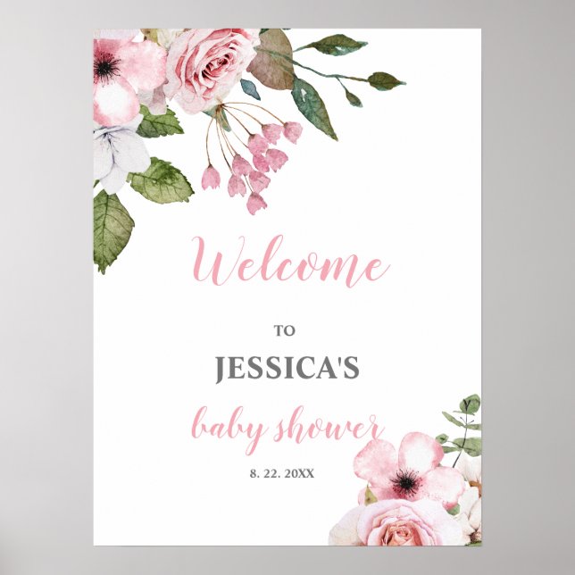 Välkomstskylt för  Rosa Blommigt Baby Shower Poster (Framsidan)