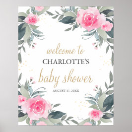 Välkomstskylt för rosa Blommigt Baby Shower Poster