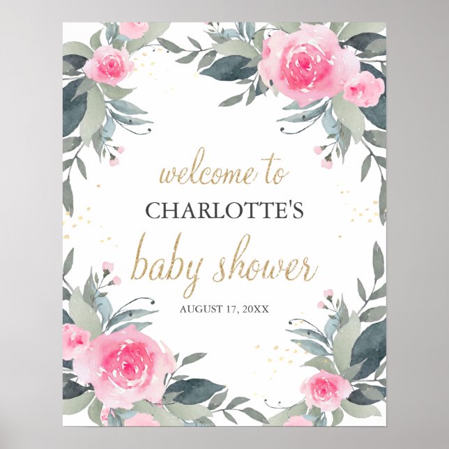 Välkomstskylt för rosa Blommigt Baby Shower Poster (Framsidan)