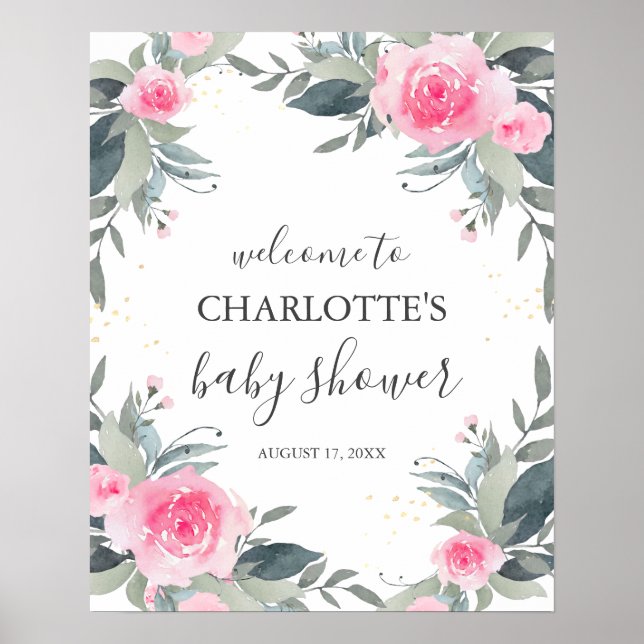 Välkomstskylt för rosa Blommigt Baby Shower Poster (Framsidan)
