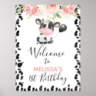 Välkomstskylt för rosa Blommigt Cow Print Födelsed Poster