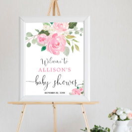 Välkomstskylt för rosa blommigt, flickdusch poster