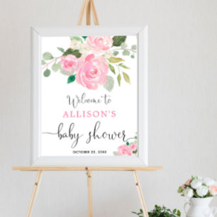 Välkomstskylt för rosa blommigt, flickdusch poster
