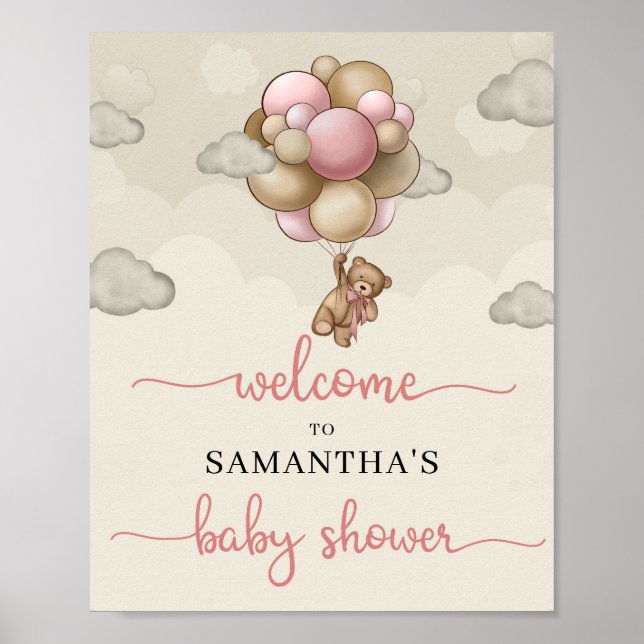 Välkomstskylt för rosa brunballonger i baby poster (Framsidan)
