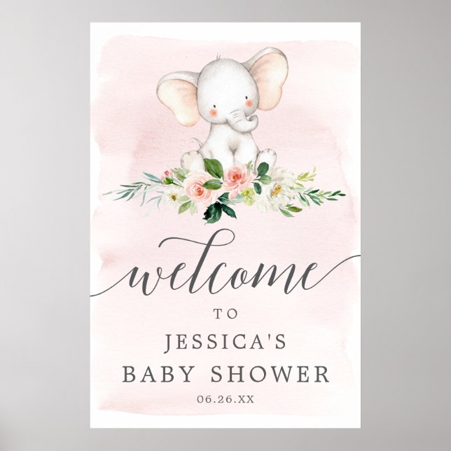Välkomstskylt för rosa Elephant Baby Shower Poster (Framsidan)