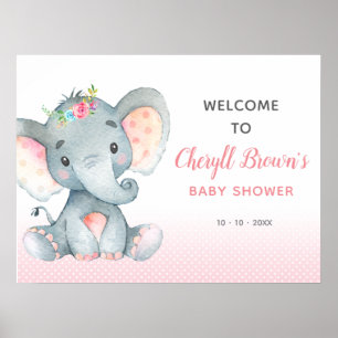 Välkomstskylt för rosa Elephant Baby Shower Poster