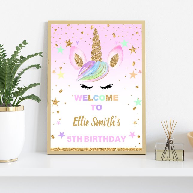 Välkomstskylt för rosa Glitter Unicorn Födelsedags Poster (Pink Glitter Welcome Sing Unicorn Poster)