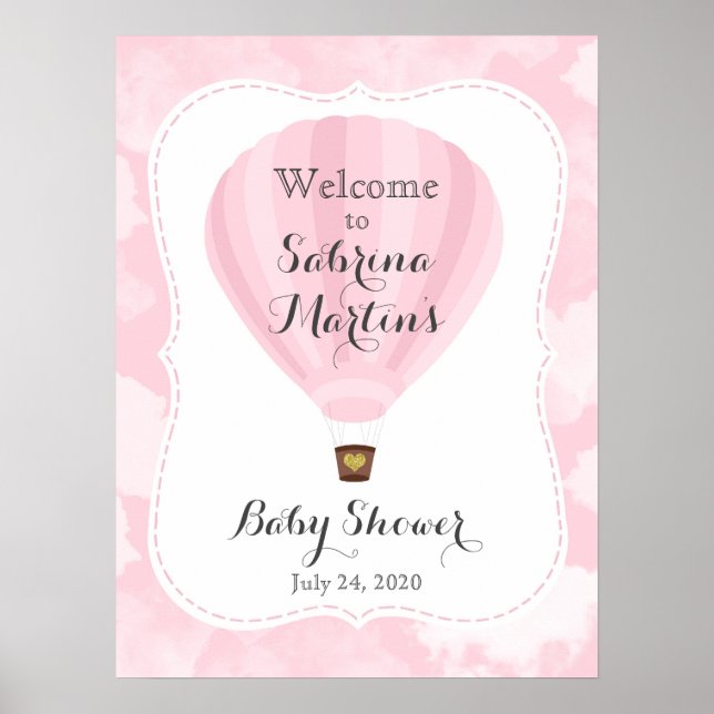Välkomstskylt för rosa Luftballong Baby Shower Poster (Framsidan)