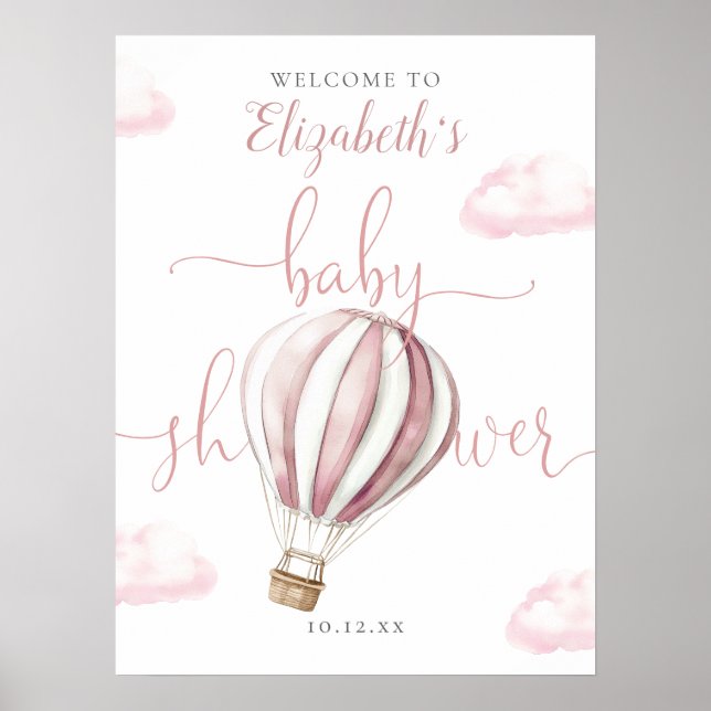 Välkomstskylt för rosa Luftballong Baby Shower Poster (Framsidan)