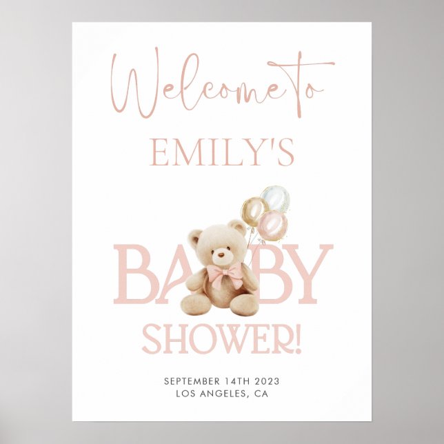 Välkomstskylt för rosa Nalle Baby Shower Poster (Framsidan)