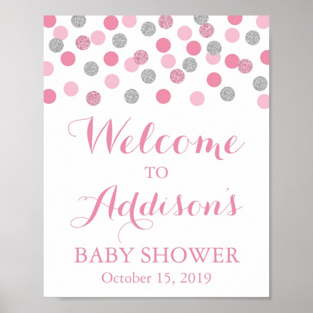 Välkomstskylt för rosa och Silver Baby Shower Post Poster (Framsidan)