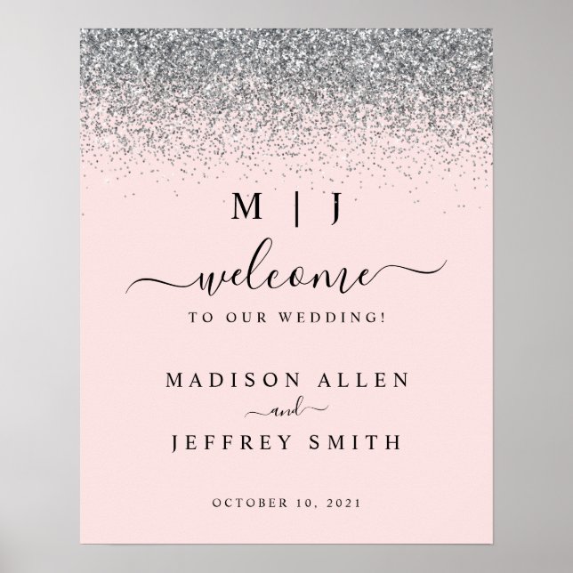 Välkomstskylt för  Rosa och Silver Glitter Bröllop Poster (Framsidan)