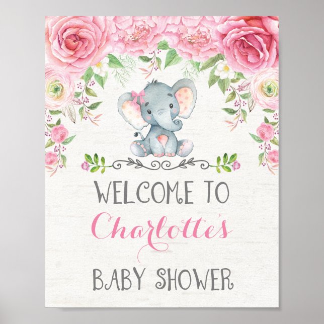 Välkomstskylt för rosa ros Elephant Baby Shower Poster (Framsidan)
