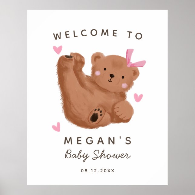 Välkomstskylt för Rustic Bear Girl Baby Shower Poster (Framsidan)