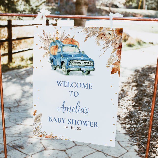 Välkomstskylt för Rustic Blue Pumpkin Lastbil Baby Fototryck (Little Pumpkin Baby Shower Welcome Sign, Blue Truck Fall Baby Shower Sign Autumn Pumpkin Truck )