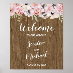 Välkomstskylt för Rustic Boho Wood Blommigt Bröllo Poster