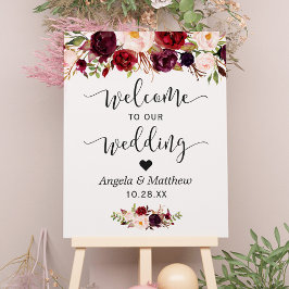 Välkomstskylt för Rustic Burgundy Red Blommigt Brö Poster