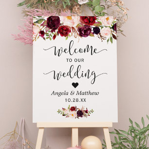 Välkomstskylt för Rustic Burgundy Red Blommigt Brö Poster