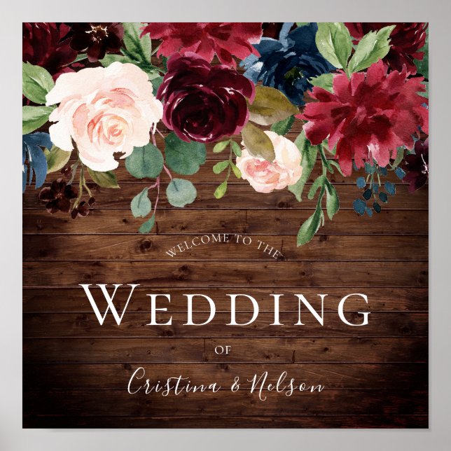Välkomstskylt för Rustic Burgundy Red Vin Bröllop Poster (Framsidan)