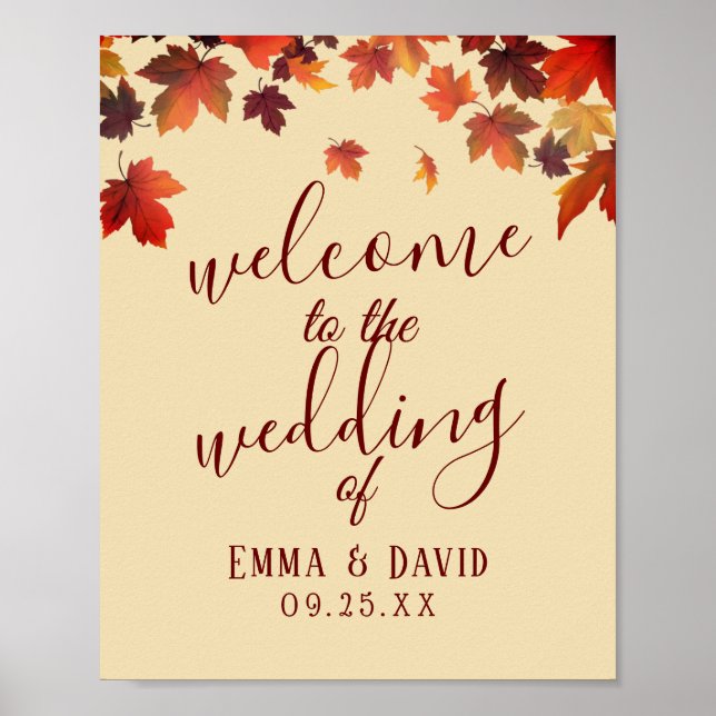 Välkomstskylt för Rustic Höst löv Fall Wedding Poster (Framsidan)