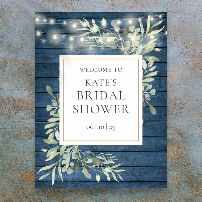 Välkomstskylt för Rustic Ljus Greenery Möhippa Poster (Rustic Lights Greenery Bridal Shower Welcome Sign)