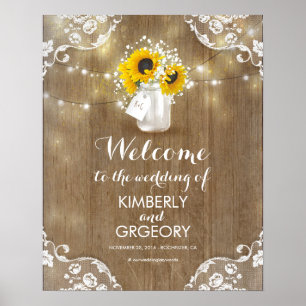 Välkomstskylt för Rustic Mason Burk och solblommor Poster