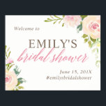 Välkomstskylt för Rustic Ro Möhippa White Poster<br><div class="desc">Välkomsttecken för personligens möhippa med rosa vattenfärgblommor.</div>