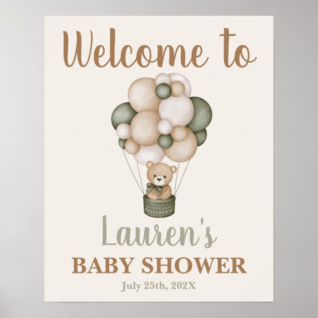 Välkomstskylt för Sage Grönt Nalle Baby Shower Poster (Framsidan)