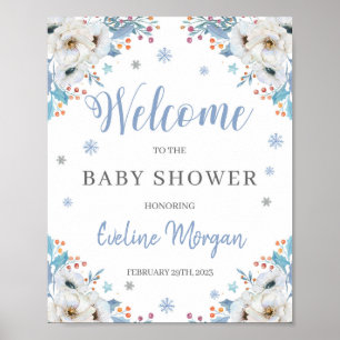 Välkomstskylt för silver babydusch i vinterblå blo poster