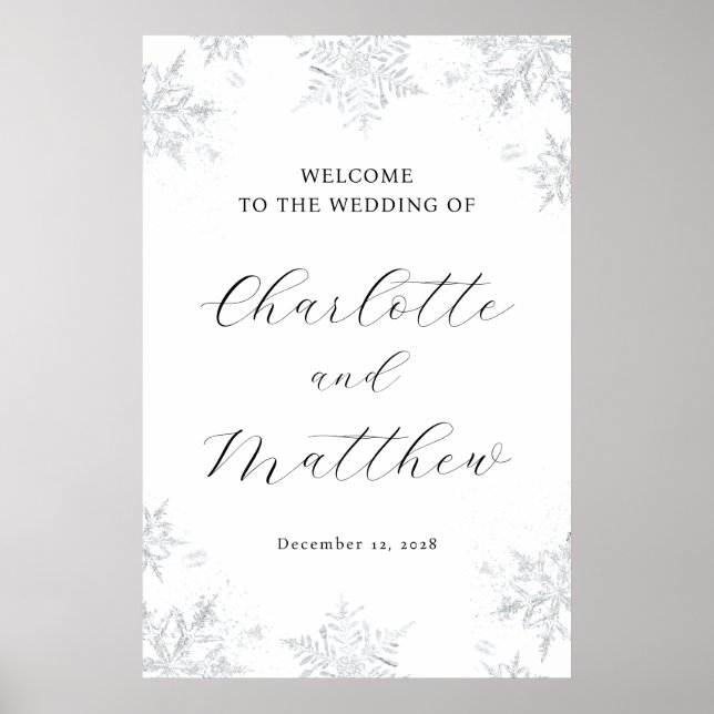 Välkomstskylt för silver Snowflake Winter Wedding Poster (Framsidan)