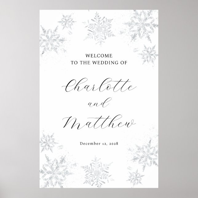 Välkomstskylt för silver Snowflake Winter Wedding Poster (Framsidan)