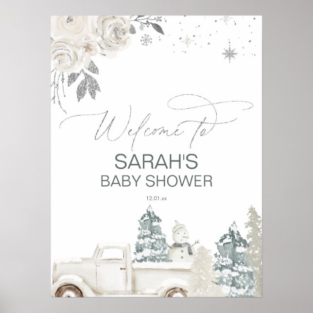 Välkomstskylt för Silver Winter Baby Shower eller  Poster (Framsidan)