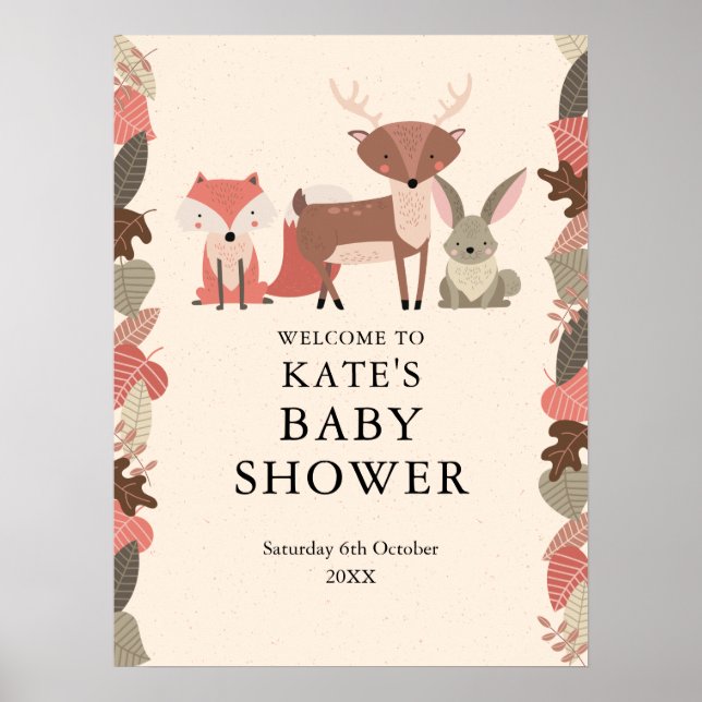 Välkomstskylt för skogsdjur baby shower poster (Framsidan)