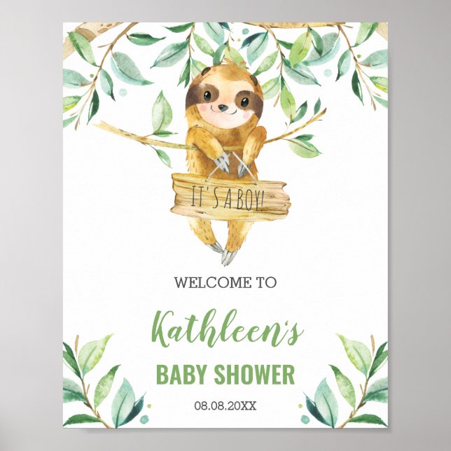 Välkomstskylt för Sloth Greenery Boy Shower Poster (Framsidan)