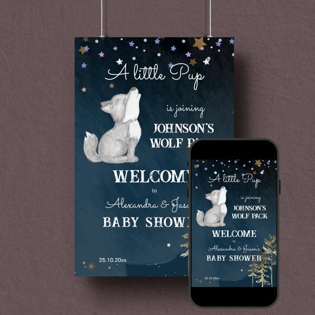 Välkomstskylt för små varger som temat babydusch poster (Wolf themed baby shower welcome sign poster digital download cute howling wolf cub starry night)