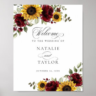 Välkomstskylt för solblommor Burgundy Greenery Brö Poster