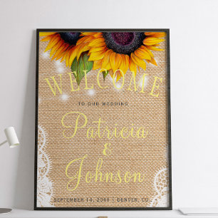 Välkomstskylt för solblommor, rustik snöre burlap poster