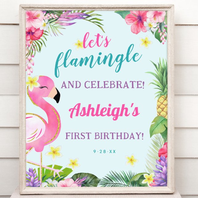 Välkomstskylt för sommarflamingo-Födelsedagsfesten Poster (Summer Flamingo Birthday Party Welcome Sign)