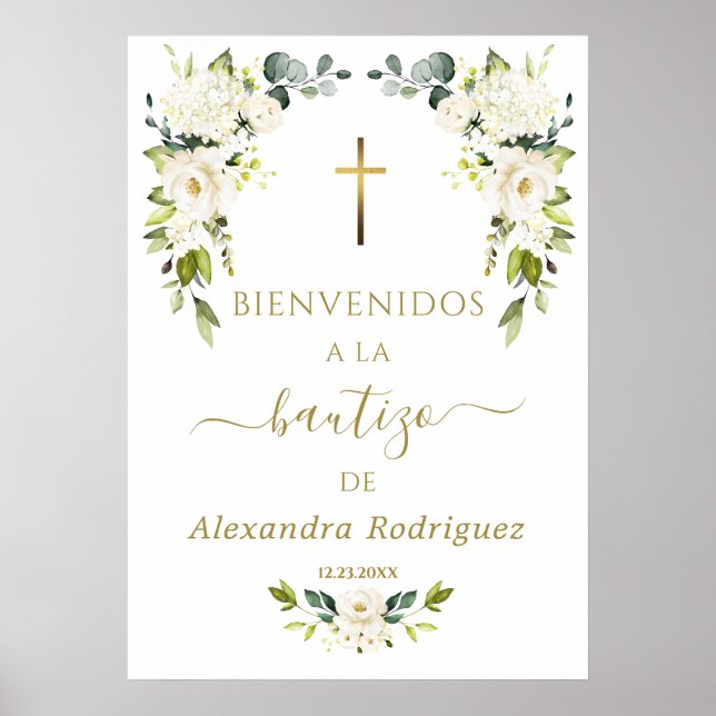 Välkomstskylt för spansk dopdag med vita blommor poster (Framsidan)