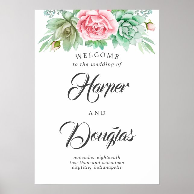 Välkomstskylt för Succulents Bröllop Poster (Framsidan)