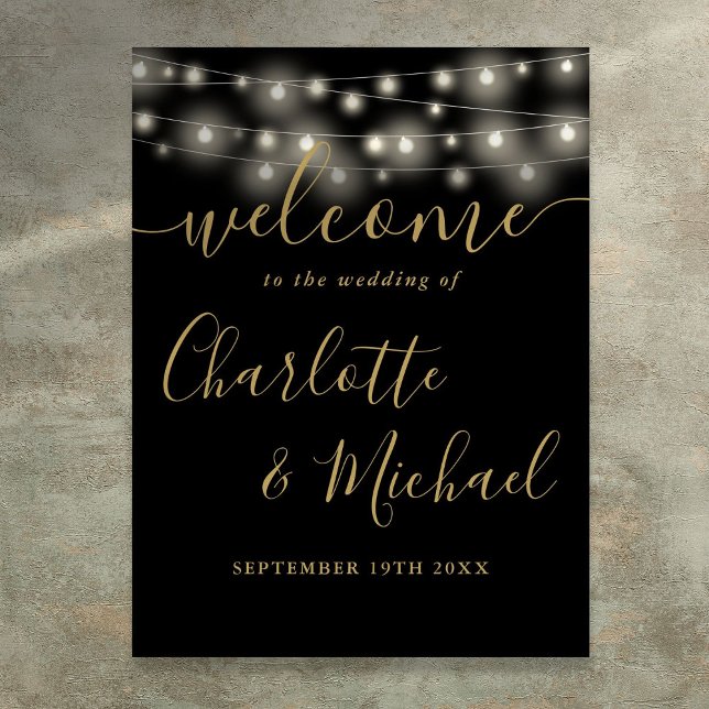 Välkomstskylt för Svart och Guld String Ljus Bröll Poster (Black And Gold String Lights Wedding Welcome Sign)