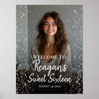 välkomstskylt för sweet sixteen födelsedag silver poster
