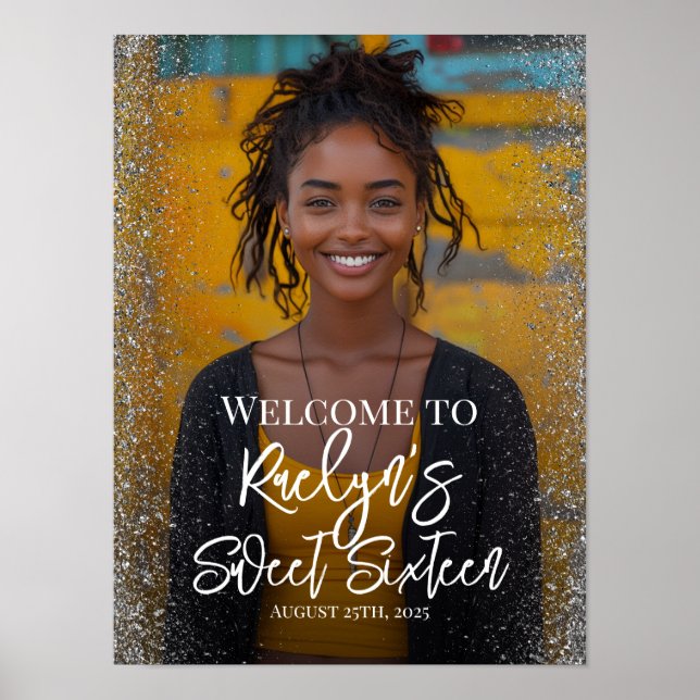 Välkomstskylt för Sweet sixteen party med foto Poster (Framsidan)