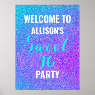 Välkomstskylt för sweet sixteen Teal Lila Glitter Poster