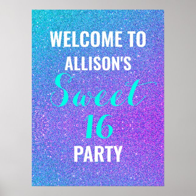 Välkomstskylt för sweet sixteen Teal Lila Glitter Poster (Framsidan)