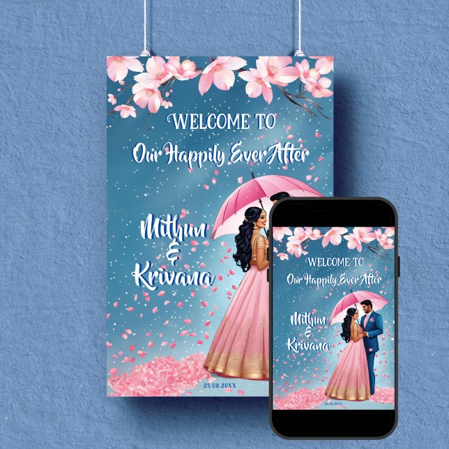 Välkomstskylt för sydafrikansk bröllopsmottagning poster (South Indian wedding reception welcome sign poster editable template digital download couple cartoon)