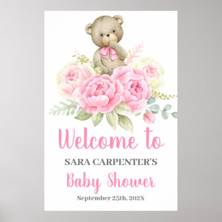 Välkomstskylt för Teddy Baby Shower Girl Rosa Bear Poster