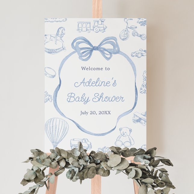 Välkomstskylt för Toile de Jouy Blue Bow Baby Show Poster (Skapare uppladdad)