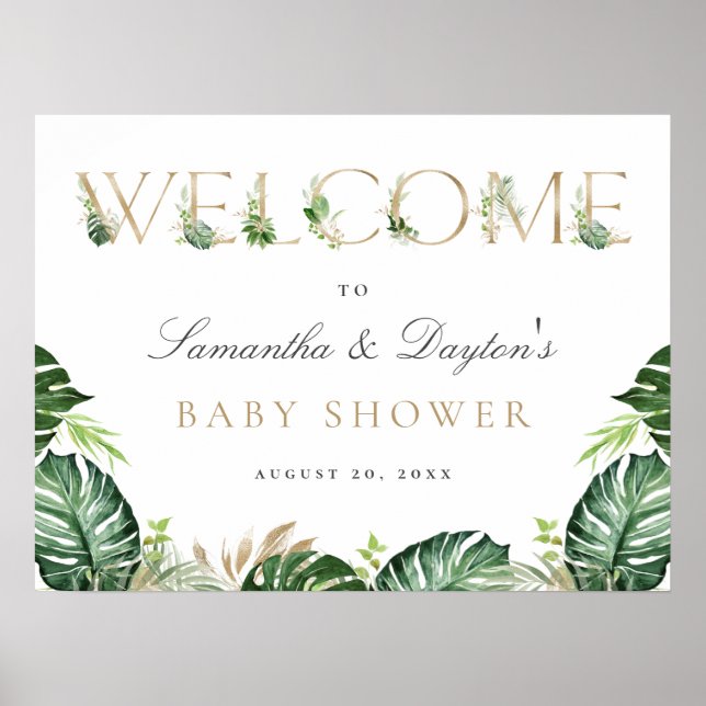 Välkomstskylt för Tropical Grey Guld Baby Shower Poster (Framsidan)